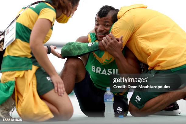 Giovane Vieira de Paula of Team Brazil celebrates his silver medal after he competes in the Canoe Sprint Men's Va'a Single 200m - VL3 Final A on day...