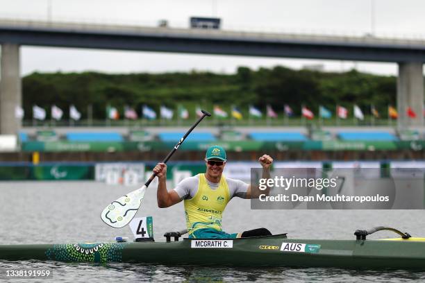 Curtis McGrath of Team Australia celebrates his Gold medal after he competes in the Canoe Sprint Men's Va'a Single 200m - VL3 Final A on day 11 of...