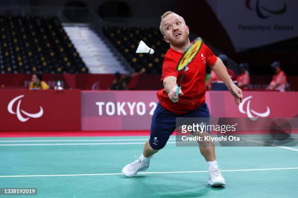 Krysten Coombs of Team Great Britain competes in the Badminton Men's Singles SH6 semi-final against Krishna Nagar of Team India on day 11 of the...