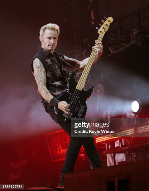 Mike Dirnt of Green Day performs during The Hella Mega Tour at Dodger Stadium on September 03, 2021 in Los Angeles, California.