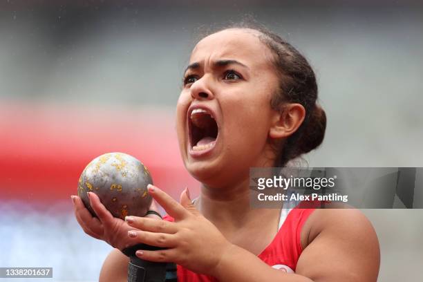 Nourhein Belhaj Salem of Team Tunisia competes in the Women's Shot Put - F40 Final on day 11 of the Tokyo 2020 Paralympic Games at Olympic Stadium on...