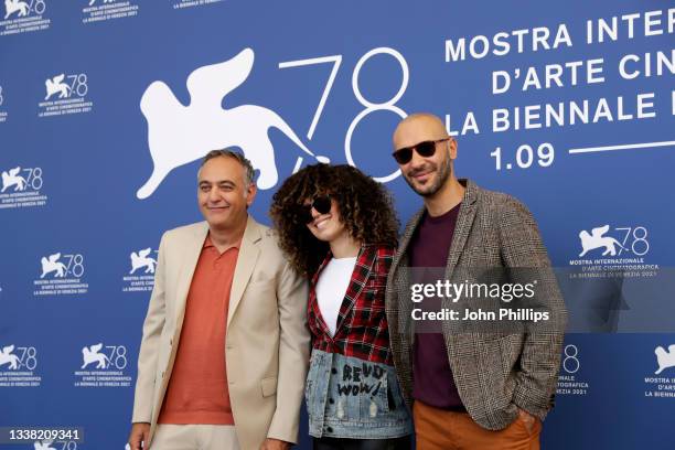 Producer Mohamed Hefzy, Sarah Gohar and Director Mohamed Diab attends the photocall of "Amira" during the 78th Venice International Film Festival on...