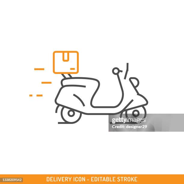 ilustraciones, imágenes clip art, dibujos animados e iconos de stock de icono de entrega trazo editable. entrega rápida por diseño vectorial de motocicleta. - motorcycle logo