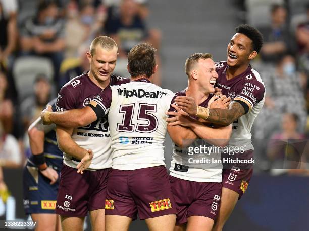 Daly Cherry-Evans of the Sea Eagles celebrates after scoring a try during the round 25 NRL match between the North Queensland Cowboys and the Manly...