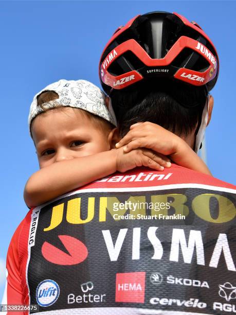 Primoz Roglic of Slovenia and Team Jumbo - Visma red leader jersey with his son Levom prior to the 76th Tour of Spain 2021, Stage 20 a 202,2km km...