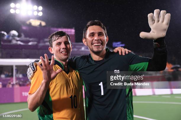 Ricardo Alves and Luan Goncalves Goalkeeper of Team Brazill celebrate after football 5-a-side gold Medal Match on day 11 of the Tokyo 2020 Paralympic...
