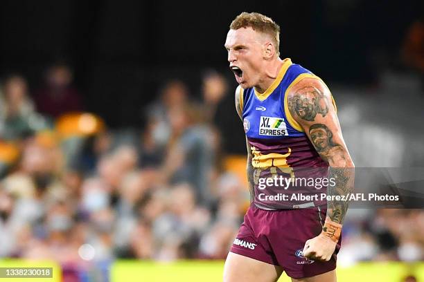 Mitch Robinson of the Lions celebrates kicking a goal during the AFL 1st Semi Final match between the Brisbane Lions and the Western Bulldogs at The...