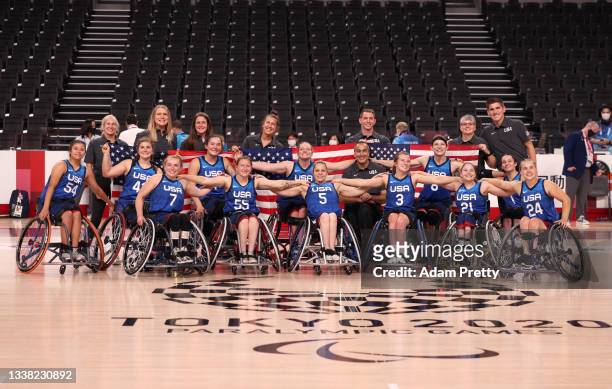 Team United States celebrates after defeating Team Germany to win the bronze medal during the women's Wheelchair Basketball bronze medal game on day...