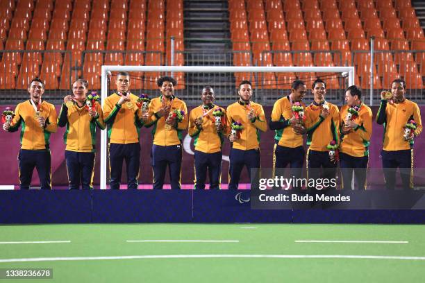 Gold medalists of Team Brazil celebrate in the podium during the victory ceremony for football 5-a-side on day 11 of the Tokyo 2020 Paralympic Games...