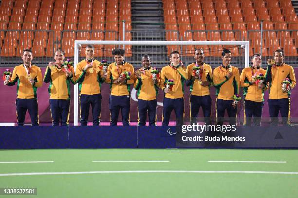 Gold medalists of Team Brazil celebrate in the podium during the victory ceremony for football 5-a-side on day 11 of the Tokyo 2020 Paralympic Games...