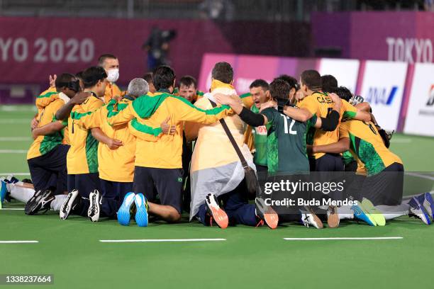 Players of of Team Brazil celebrate after their victory over Argentina in football 5-a-side gold Medal Match on day 11 of the Tokyo 2020 Paralympic...