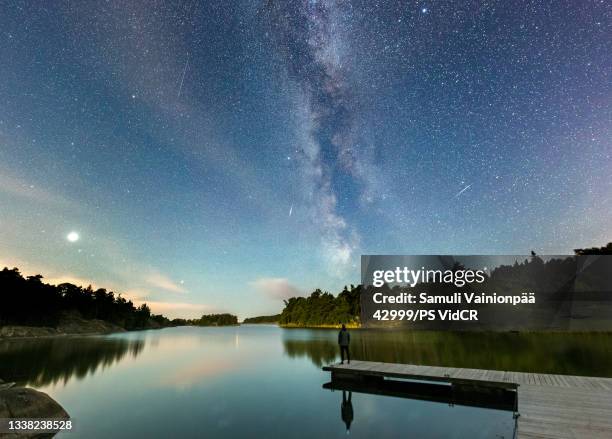 man watching the milky way and meteror shower - finland stock pictures, royalty-free photos & images