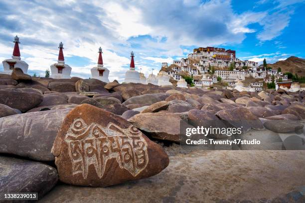 view of thikse monastery and player rocks in ladakh india - jammu and kashmir bildbanksfoton och bilder