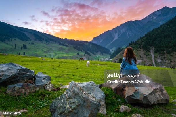 rear view of woman sitting on the rock watching beautiful sunset view in thajiwas park in kashmir,india - vale de caxemira - fotografias e filmes do acervo