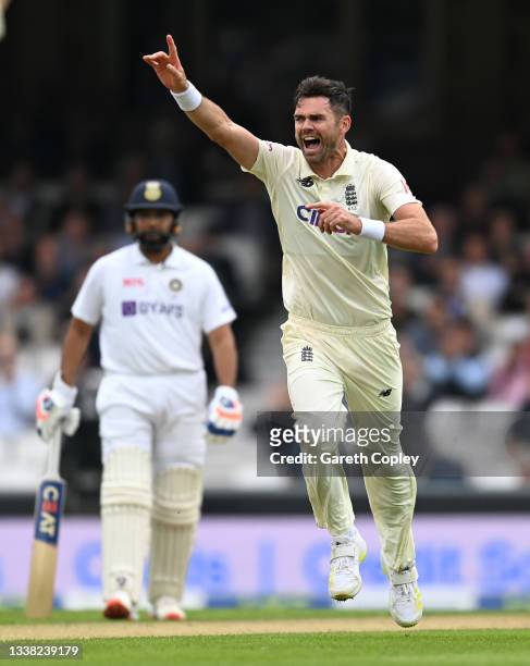 James Anderson of England celebrates dismissing KL Rahul of India during day three of the Fourth LV= Insurance Test Match between England and India...
