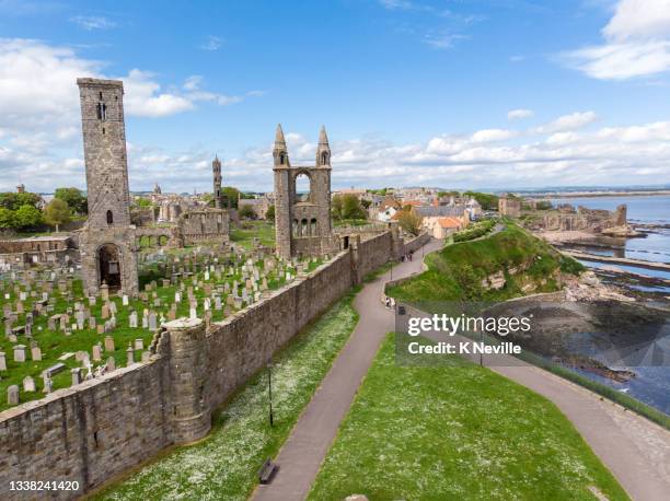 aerial view of the royal burgh of st. andrews in the kingdom of fife - st andrews scotland stock pictures, royalty-free photos & images