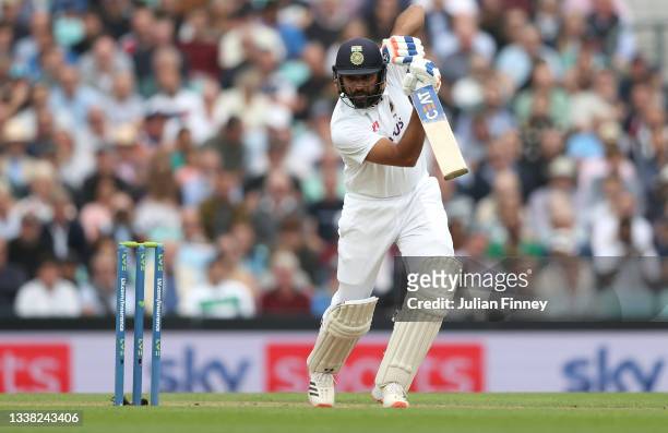 Rohit Sharma of India bats during day three of the fourth LV= Insurance Test match between England and India at The Kia Oval on September 04, 2021 in...