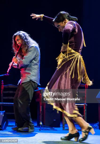 Spanish flamenco-jazz saxophonist Jorge Pardo and mexican flamenco dancer Karen Lugo performs on stage at Abadía Theatre on June 5, 2013 in Madrid,...