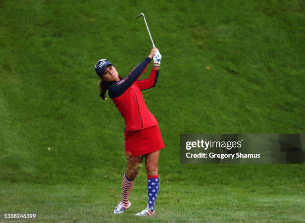 Danielle Kang of Team USA plays her third shot on the first hole during the first round of the Solheim Cup at the Inverness Club on September 04,...