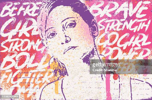 stockillustraties, clipart, cartoons en iconen met strong woman graffiti over empowering words - heroic style