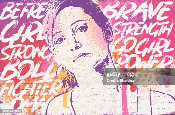 strong woman graffiti over empowering words - girl power graffitti stock illustrations