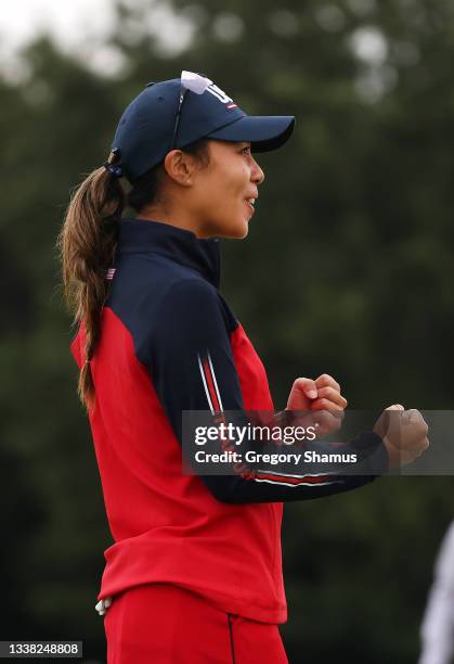 Danielle Kang of Team USA reacts to a birdie on the second hole during the first round of the Solheim Cup at the Inverness Club on September 04, 2021...