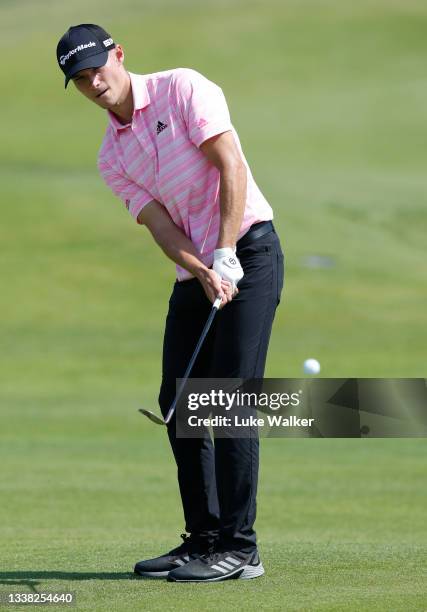 Nicolai Højgaard of Denmark chips onto 18th green during Day Three of The Italian Open at Marco Simone Golf Club on September 04, 2021 in Rome, Italy.