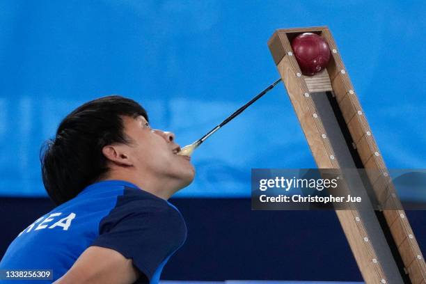 Howon Jeong of Team Republic of Korea competes during the Boccia Pairs - BC3 Gold Medal Match against Japan on day 11 of the Tokyo 2020 Paralympic...