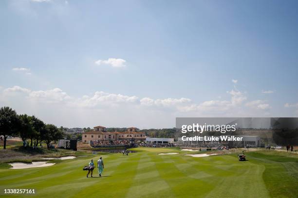 Daniel van Tonder of South Africa walks on the 18th fairway during Day Three of The Italian Open at Marco Simone Golf Club on September 04, 2021 in...