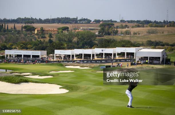 Francesco Laporta of Italy plays his second shot on the 18th hole during Day Three of The Italian Open at Marco Simone Golf Club on September 04,...