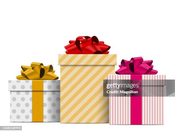 three gifts with bows - white gift wrapped in pink bow stock illustrations