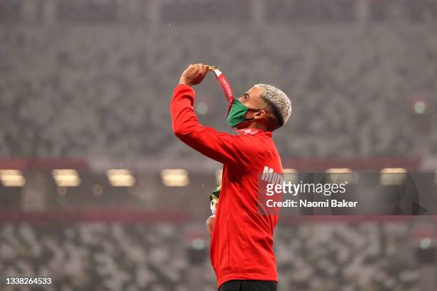 Gold medalist Ayoub Sadni of Team Morocco poses on the podium during the medal ceremony for the Men’s 400m - T47 Final on day 11 of the Tokyo 2020...