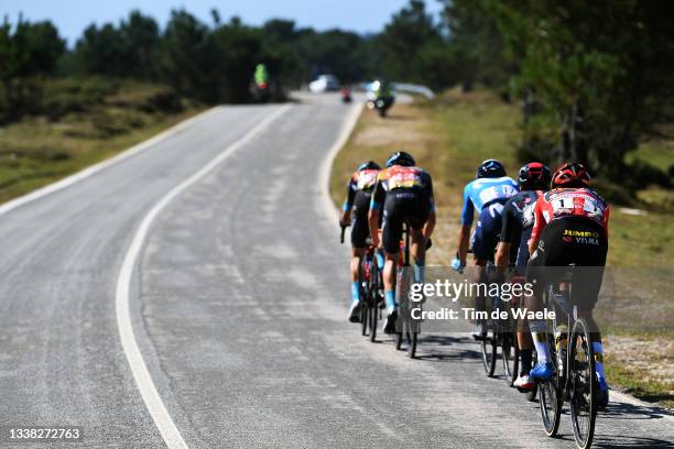 Detailed view of Adam Yates of United Kingdom and Team INEOS Grenadiers, Enric Mas Nicolau of Spain and Movistar Team, Primoz Roglic of Slovenia and...