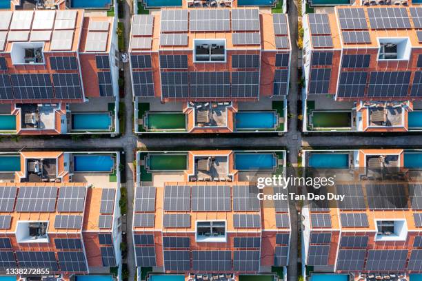 home solar power - solar photovoltaic energy - aerial view - modern vietnam imagens e fotografias de stock