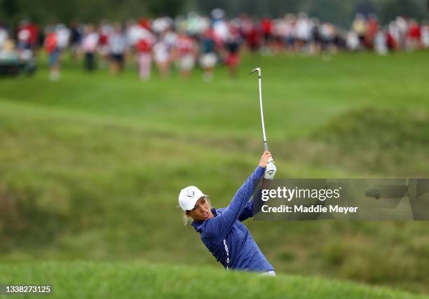 Mel Reid of Team Europe plays her shot on the eighth hole during the first round of the Solheim Cup at the Inverness Club on September 04, 2021 in...
