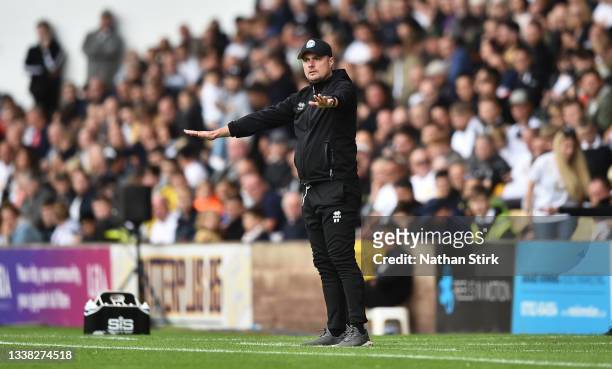 Robbie Stockdale manager of Rochdale gestures during the Sky Bet League Two match between Port Vale and Rochdale at Vale Park on September 04, 2021...