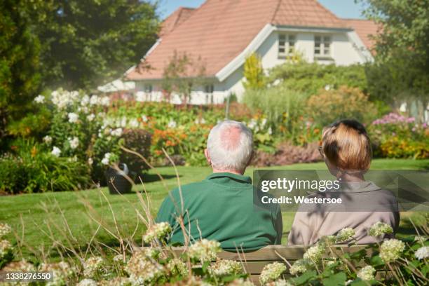 rear view of couple on a bench - garden bench stock pictures, royalty-free photos & images