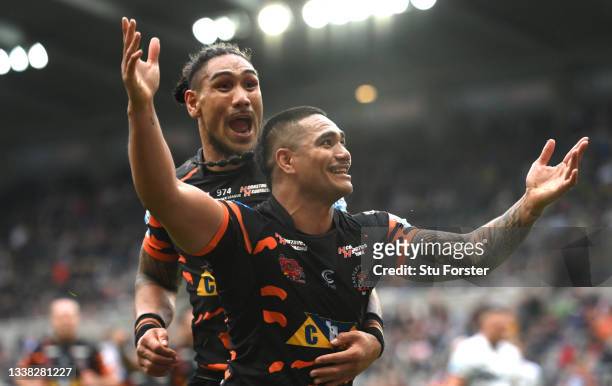 Tigers try scorer Peter Mata'utia celebrates with team mate Jesse Sene-Lefao during the Betfred Super League match between Castleford Tigers and...