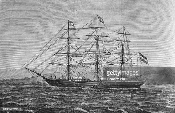 three-masted sailing ship, name: the reichstag - 1868 stock illustrations