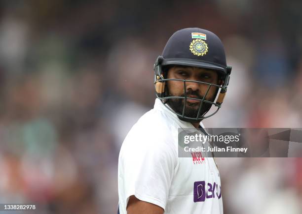 Rohit Sharma of India walks off after losing his wicket during day three of the fourth LV= Insurance Test match between England and India at The Kia...