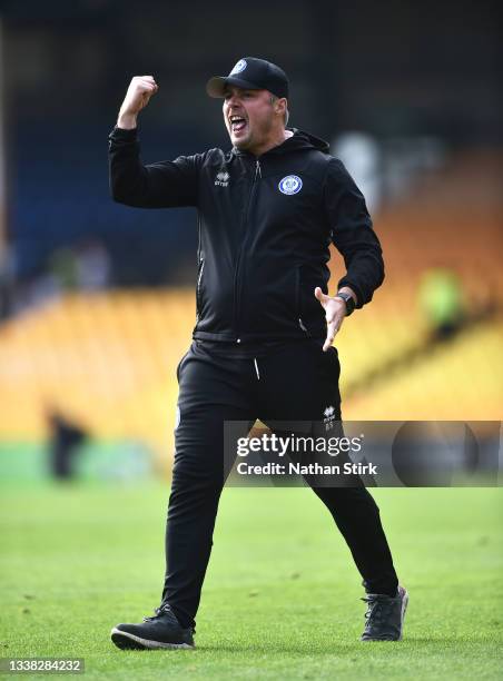 Robbie Stockdale manager of Rochdale celebrates after the Sky Bet League Two match between Port Vale and Rochdale at Vale Park on September 04, 2021...