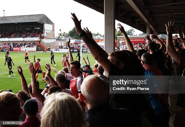 Kyle Joseph of Cheltenham Town and supporters appeal for a penalty during the Sky Bet League One match between Cheltenham Town and Milton Keynes Dons...