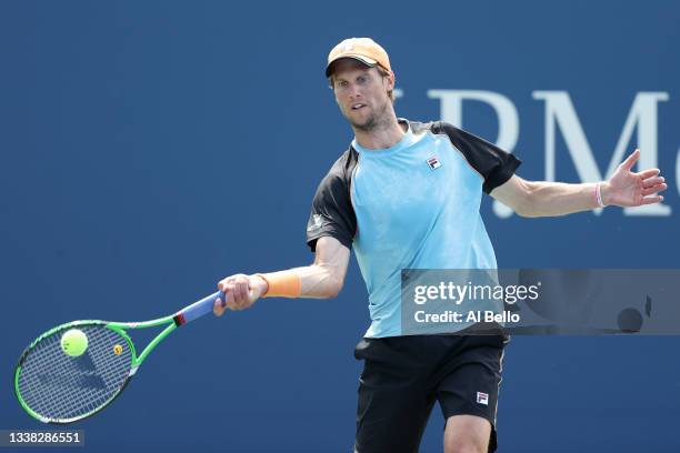 Andreas Seppi of Italy returns against Oscar Otte of Germany during his Men's Singles third round match on Day Six of the 2021 US Open at the USTA...