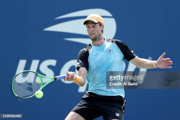 Andreas Seppi of Italy returns against Oscar Otte of Germany during his Men's Singles third round match on Day Six of the 2021 US Open at the USTA...