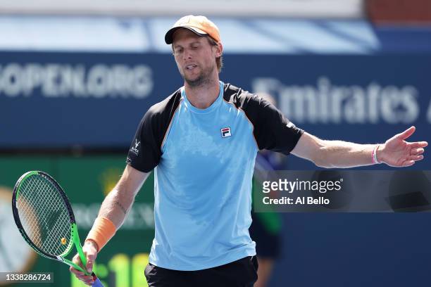 Andreas Seppi of Italy reacts against Oscar Otte of Germany during his Men's Singles third round match on Day Six of the 2021 US Open at the USTA...