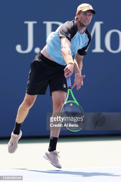 Andreas Seppi of Italy serves against Oscar Otte of Germany during his Men's Singles third round match on Day Six of the 2021 US Open at the USTA...