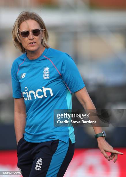 Lisa Keightley, Head coach of England looks on prior to the International T20 match between England and New Zealand at the The 1st Central County...