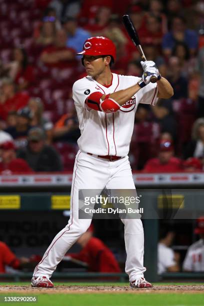 Shogo Akiyama of the Cincinnati Reds bats in the seventh inning against the Detroit Tigers at Great American Ball Park on September 03, 2021 in...