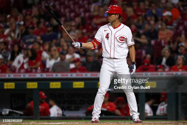 Shogo Akiyama of the Cincinnati Reds bats in the seventh inning against the Detroit Tigers at Great American Ball Park on September 03, 2021 in...