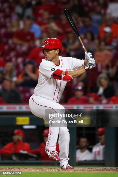 Shogo Akiyama of the Cincinnati Reds bats in the seventh inning against the Detroit Tigers at Great American Ball Park on September 03, 2021 in...